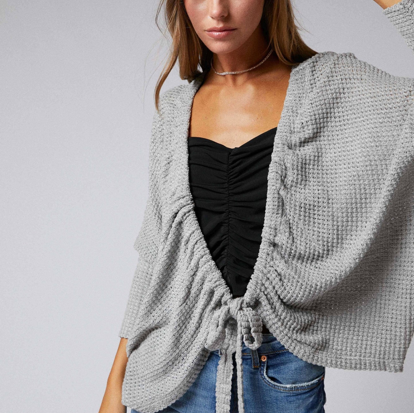 Ruched Front Cocoon Cardigan in Grey | Knit Sweater [Sizes SM-XL]