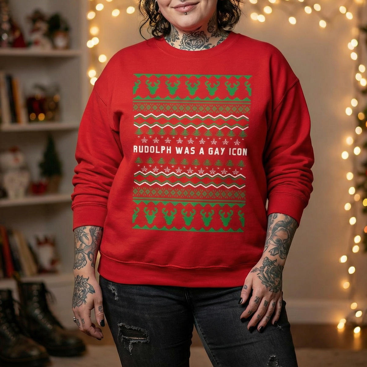 Rudolph Was a Gay Icon "Ugly Christmas Sweater" Unisex Heavy Blend™ Crewneck Sweatshirt (Sizes S-5X)