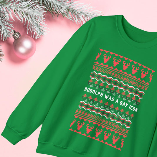 Rudolph Was a Gay Icon "Ugly Christmas Sweater" Unisex Heavy Blend™ Crewneck Sweatshirt (Sizes S-5X)