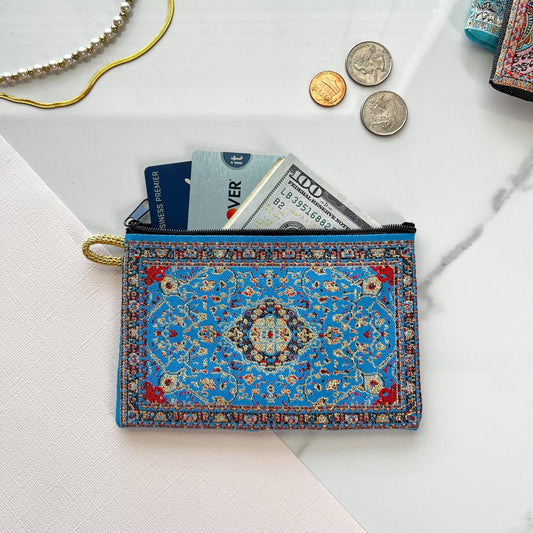 Rug Design Pouch Boho Coin Purse Small Pouch in Royal Blue | Handmade in Turkey | 4" x 5"