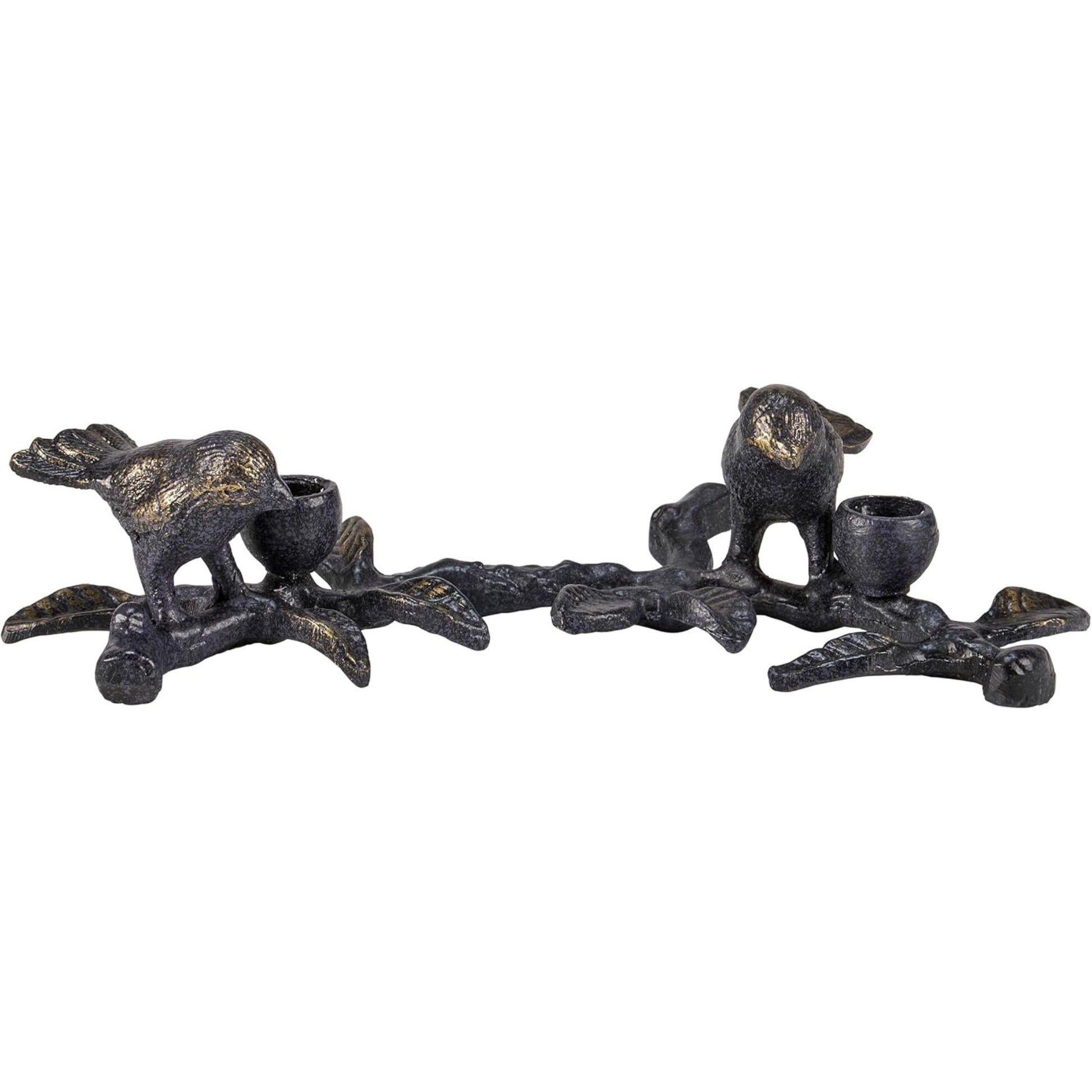 Two black bird candle holders on a branch