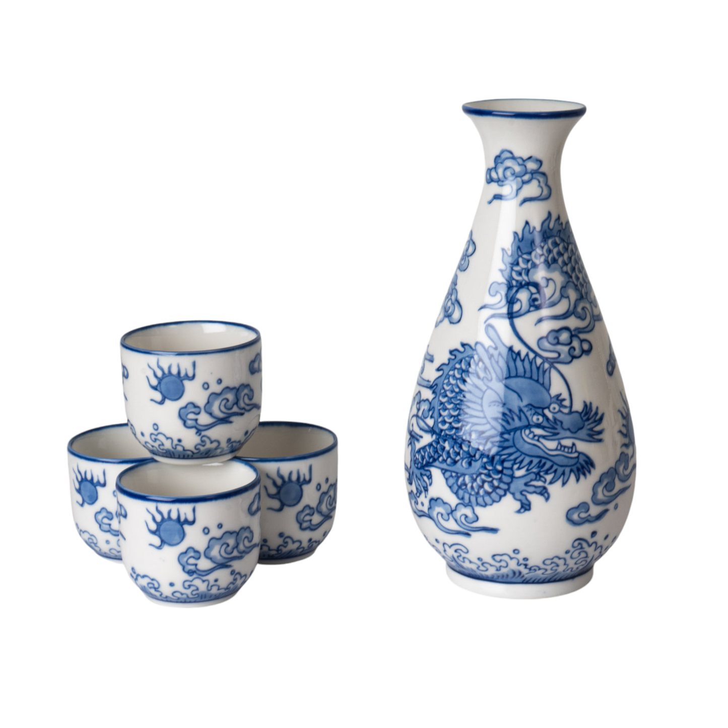 Ryu Dragon Porcelain Glazed Sake Gift Set | 10 oz Sake Bottle and 4 Cups Set