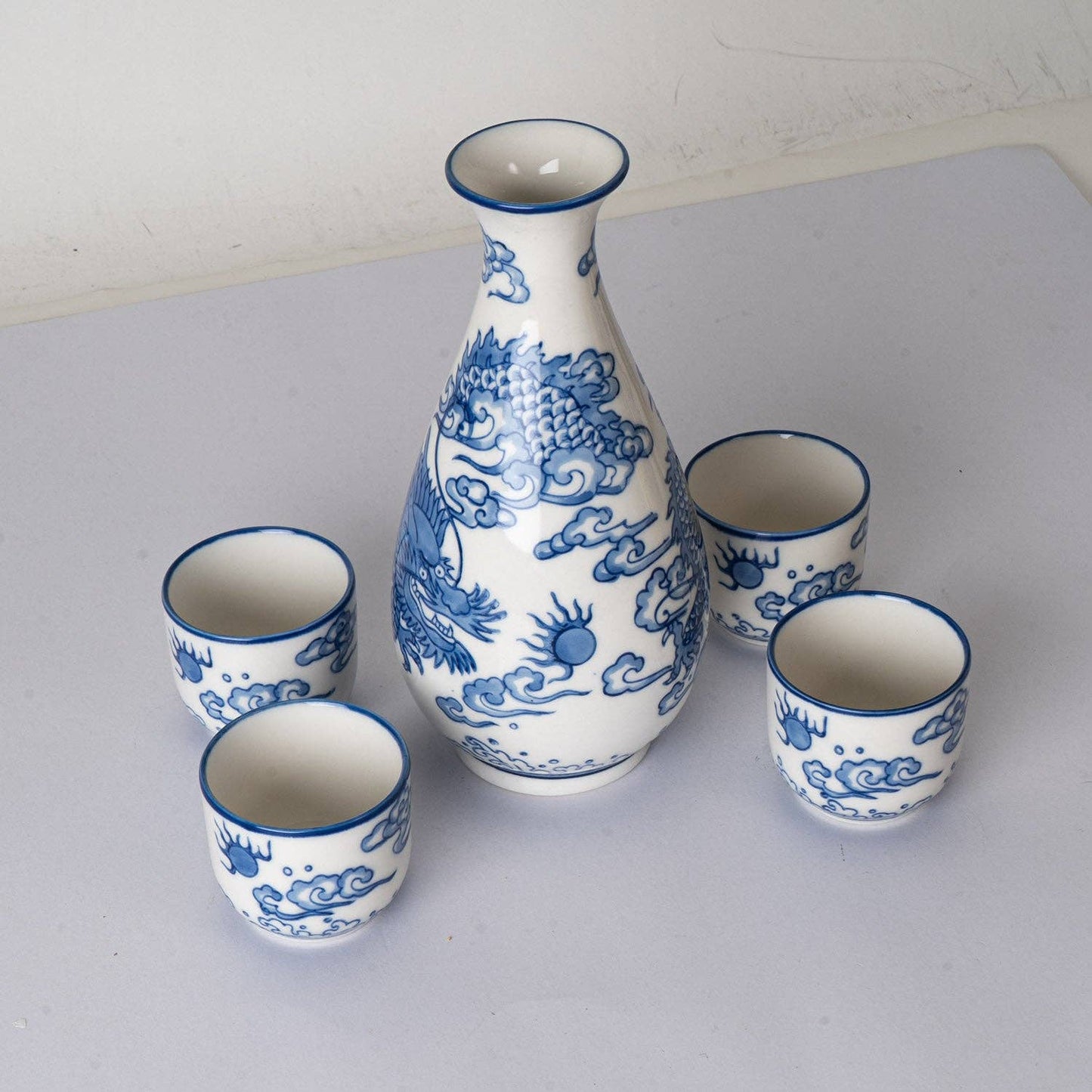 Ryu Dragon Porcelain Glazed Sake Gift Set | 10 oz Sake Bottle and 4 Cups Set
