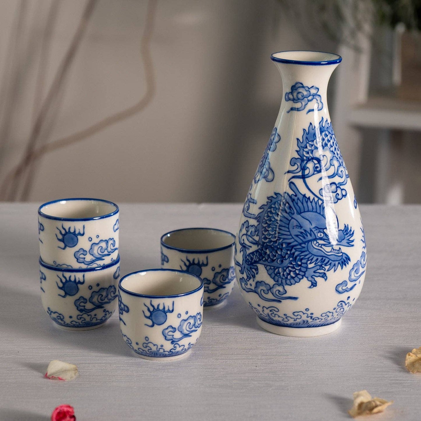 Ryu Dragon Porcelain Glazed Sake Gift Set | 10 oz Sake Bottle and 4 Cups Set