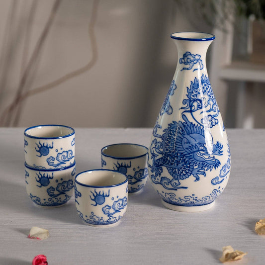 Ryu Dragon Porcelain Glazed Sake Gift Set | 10 oz Sake Bottle and 4 Cups Set