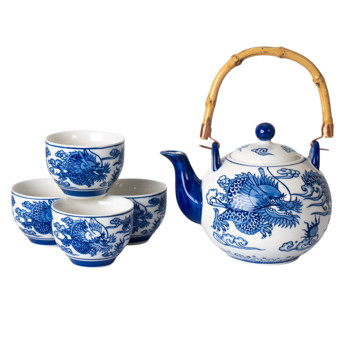 Ceramic teapot and cups with blue dragon design 