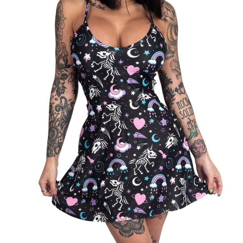 [S-3XL] Gothic Skeleton Unicorns Skater Dress