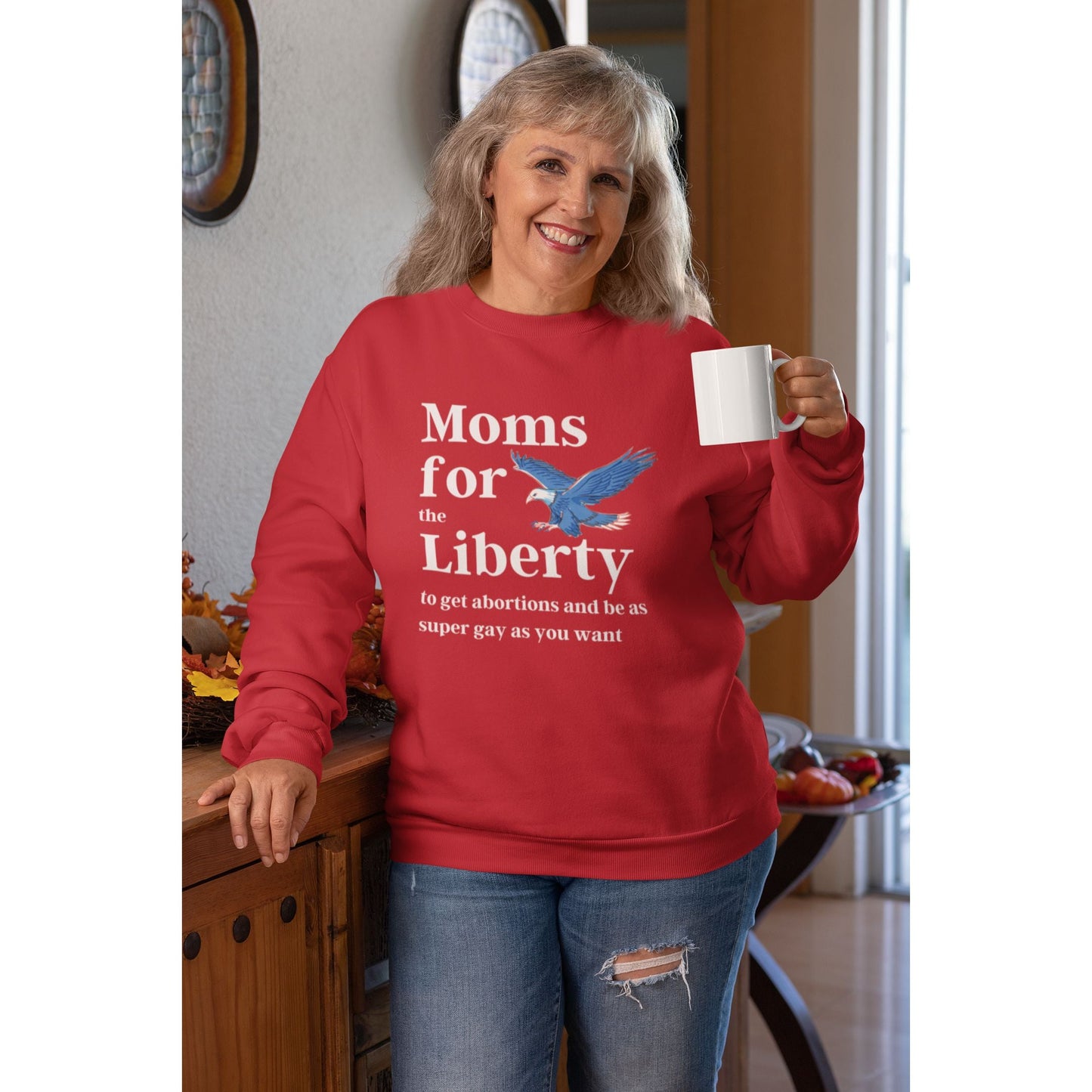 [SATIRE] Moms for (the) Liberty (to get abortions and be as super gay as you want) Unisex Heavy Blend™ Crewneck Sweatshirt Sizes SM-5XL | Plus Size Available