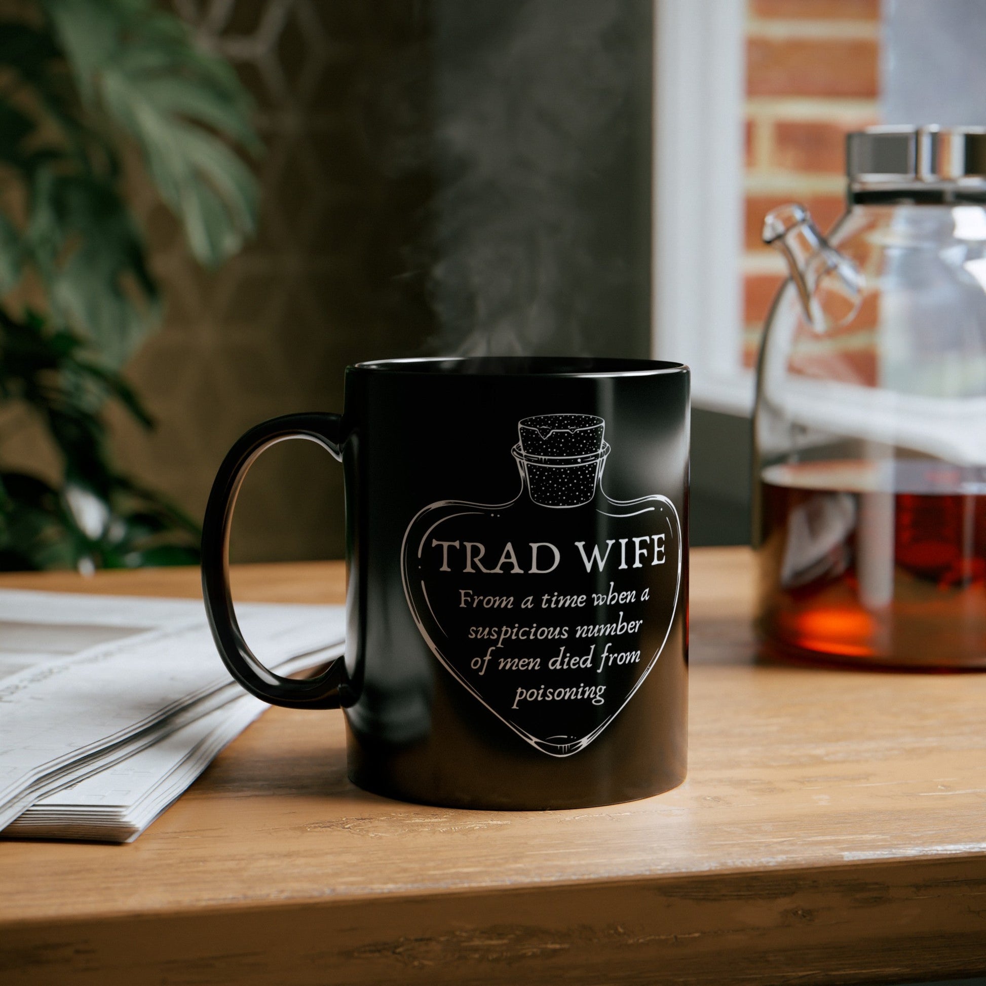 [SATIRE] Trad Wife 11oz Black Mug | Heart Shaped Poison Bottle