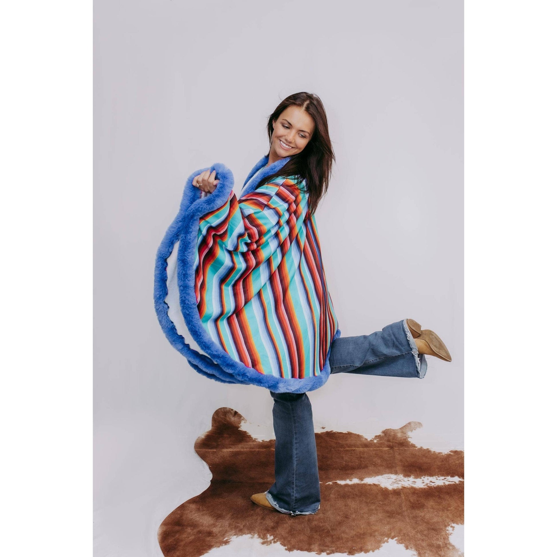 Fur Trim Poncho in Serape Southwestern Stripe | Loose Armholes Wrap Outerwear [Available in SM-3XL]