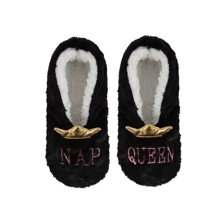 [SIZE SMALL ONLY] Nap Queen Slippers in Soft Black with 3-D Gold Crown | Soft Spa Fuzzy Slippers | House Shoes | Indoor Fluffy Fur Lady Slippers