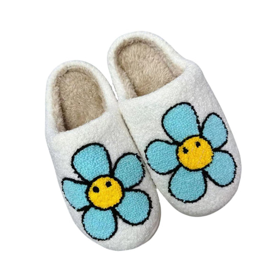 [SIZE SMALL REMAINING] Groovy Flower Face Plush Cozy Women's Slippers | Giftable Slip-On Mules House Shoes