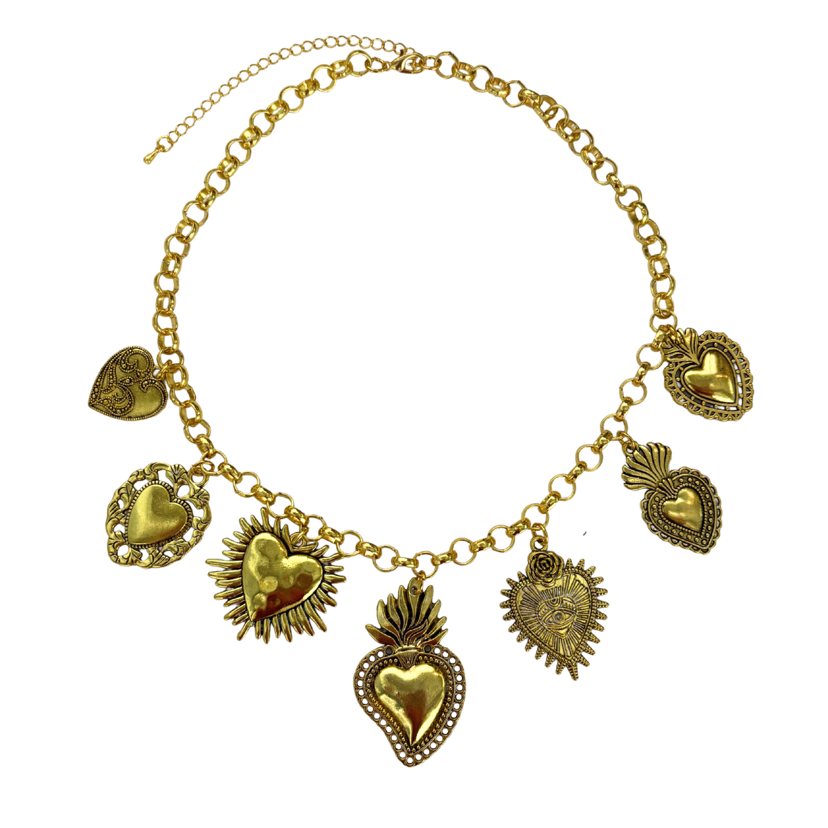 Sacred Heart Ex Voto Necklace in Gold | 7 Unique Sacred Heart Charms | 16" + 3" Extender