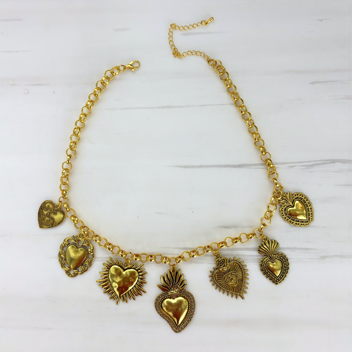Sacred Heart Ex Voto Necklace in Gold | 7 Unique Sacred Heart Charms | 16" + 3" Extender