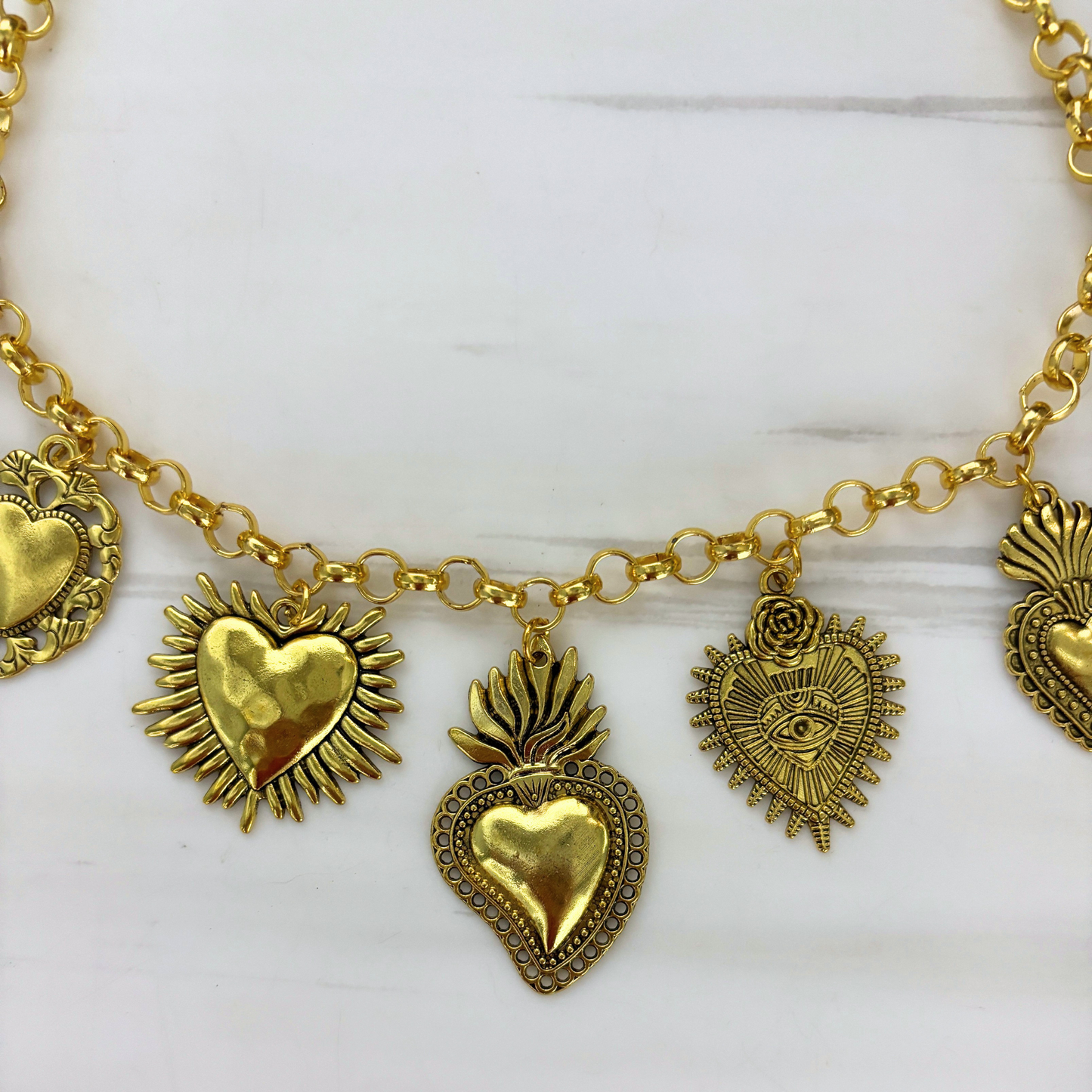 Sacred Heart Ex Voto Necklace in Gold | 7 Unique Sacred Heart Charms | 16" + 3" Extender