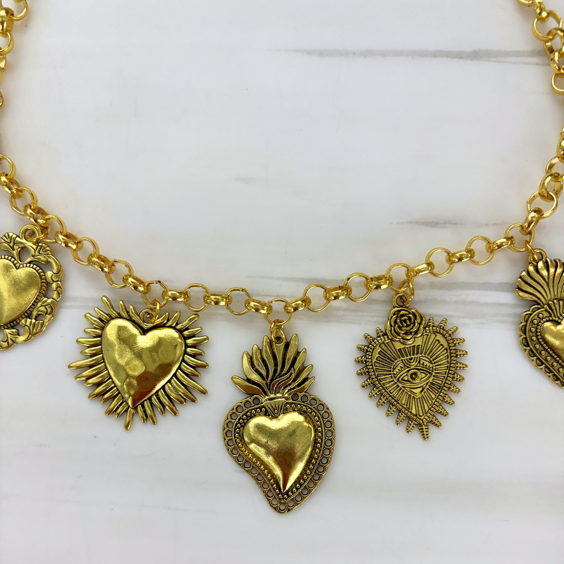 Sacred Heart Ex Voto Necklace in Gold | 7 Unique Sacred Heart Charms | 16" + 3" Extender