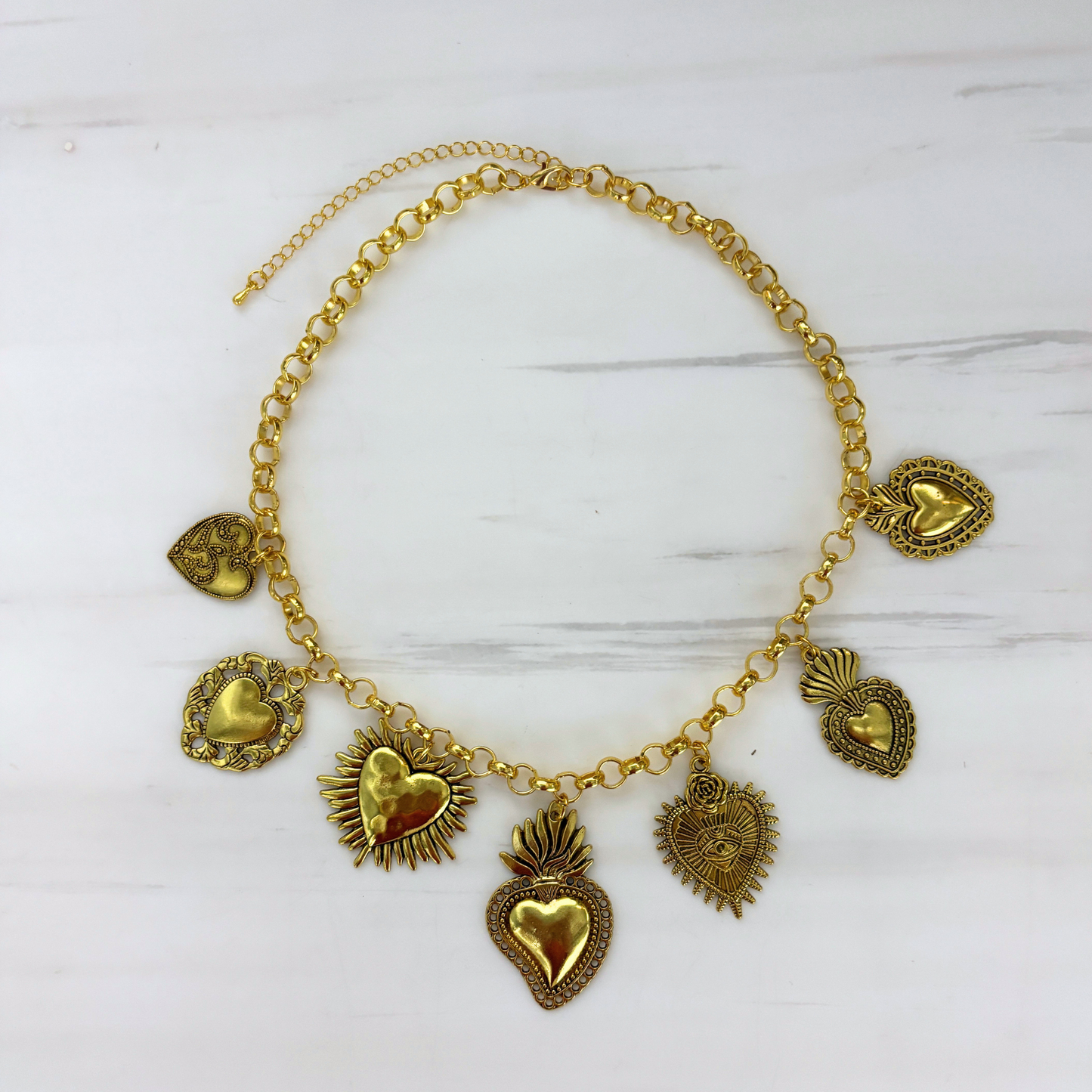 Sacred Heart Ex Voto Necklace in Gold | 7 Unique Sacred Heart Charms | 16" + 3" Extender
