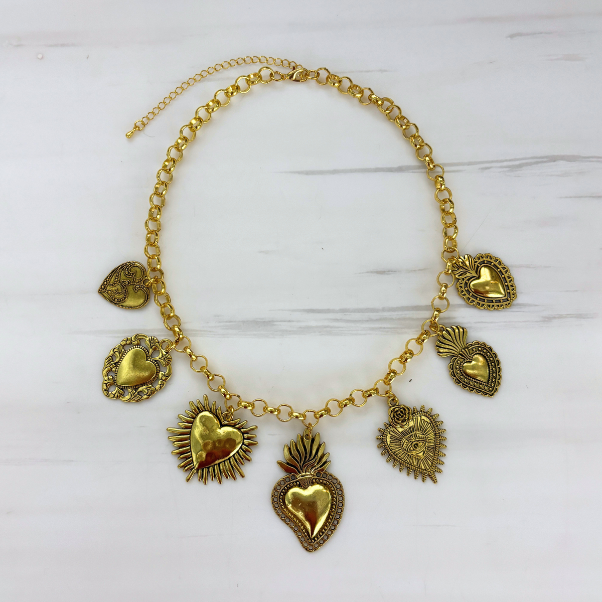 Sacred Heart Ex Voto Necklace in Gold | 7 Unique Sacred Heart Charms | 16" + 3" Extender
