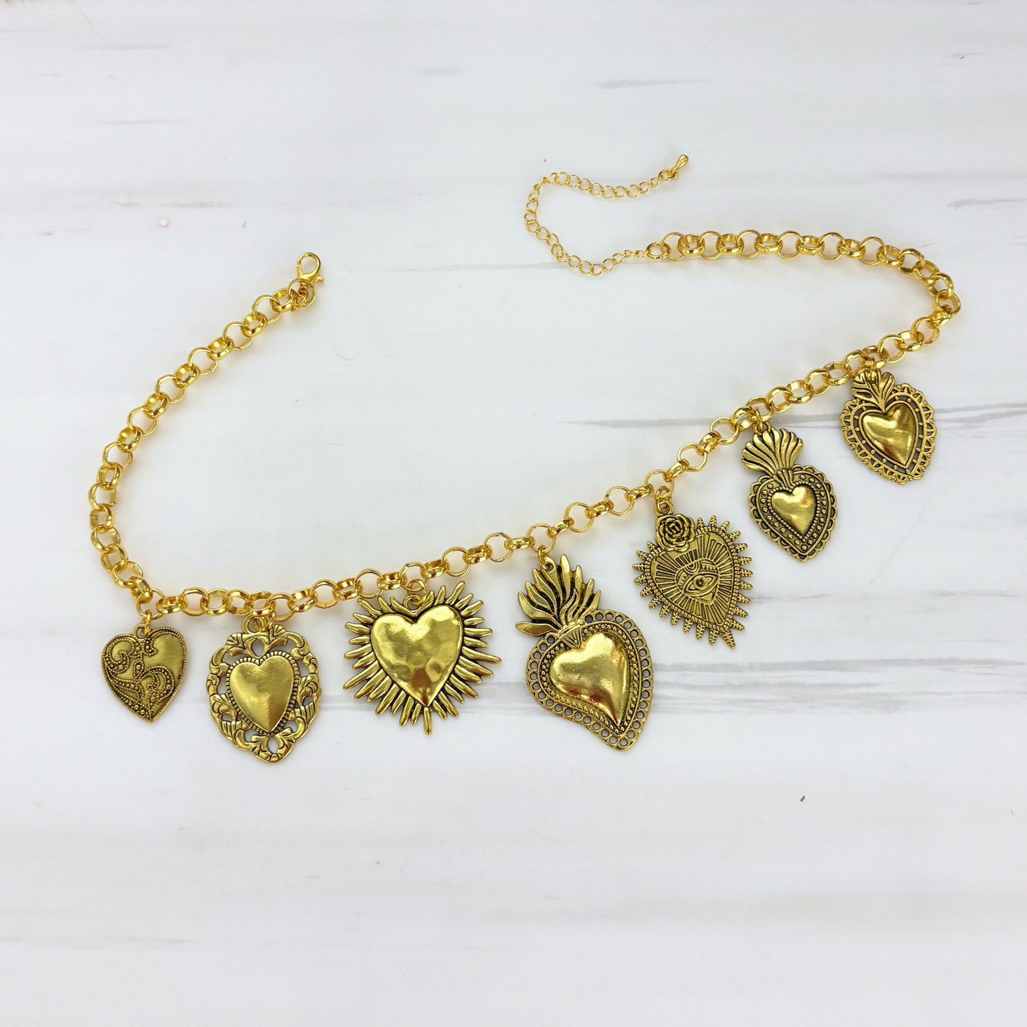 Sacred Heart Ex Voto Necklace in Gold | 7 Unique Sacred Heart Charms | 16" + 3" Extender