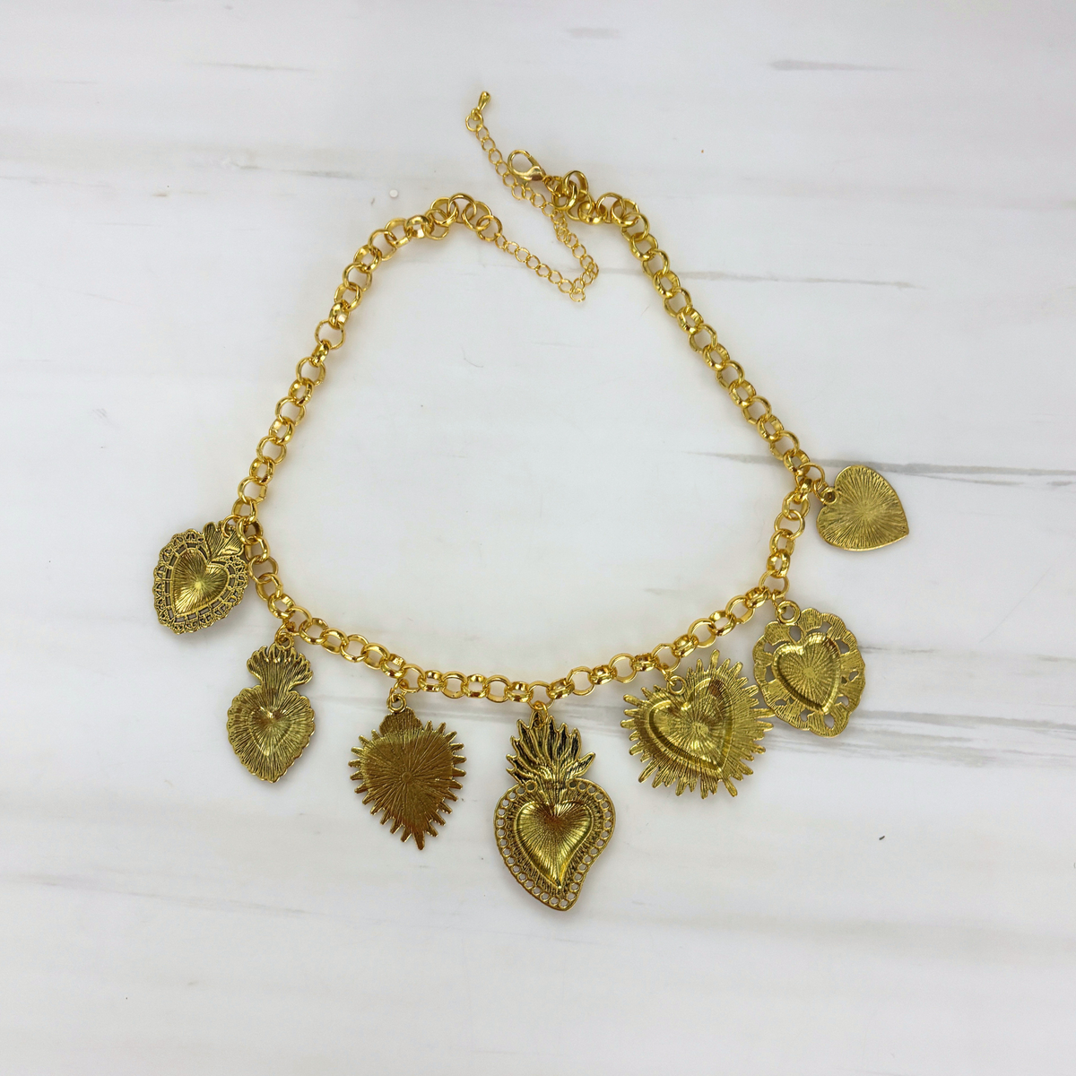 Sacred Heart Ex Voto Necklace in Gold | 7 Unique Sacred Heart Charms | 16" + 3" Extender