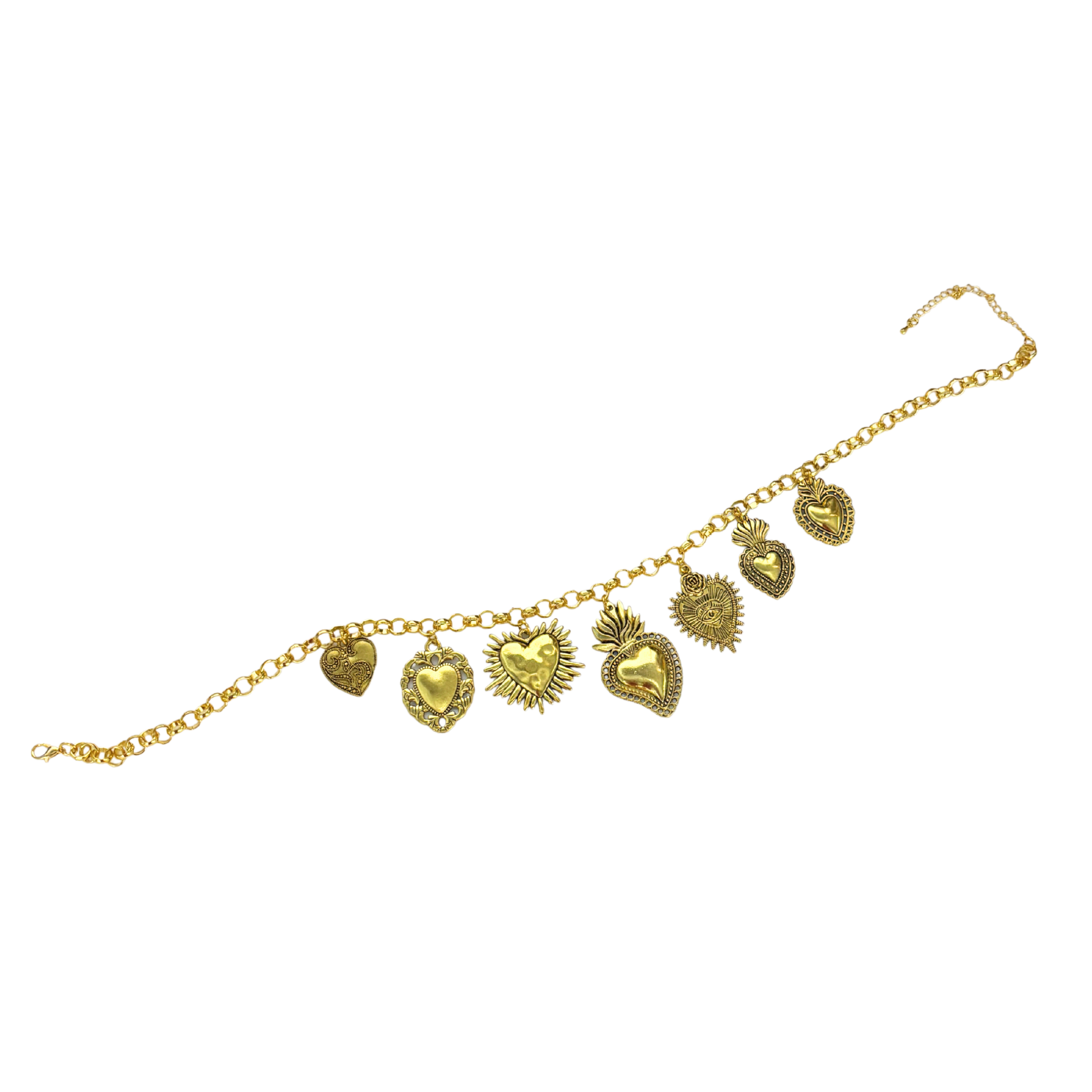 Sacred Heart Ex Voto Necklace in Gold | 7 Unique Sacred Heart Charms | 16" + 3" Extender