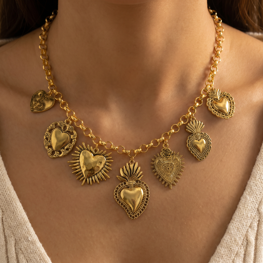 Sacred Heart Ex Voto Necklace in Gold | 7 Unique Sacred Heart Charms | 16" + 3" Extender
