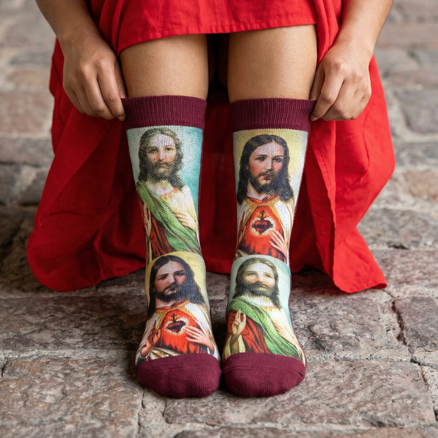 Person wearing red dress and socks with religious-themed designs on a stone pavement.
