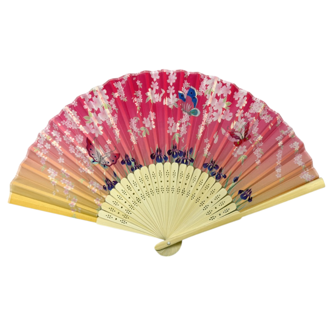 A traditional folding hand fan with a pink cherry blossom pattern, transitioning to a warm yellow-gold tone, featuring a butterfly design and bamboo ribs.