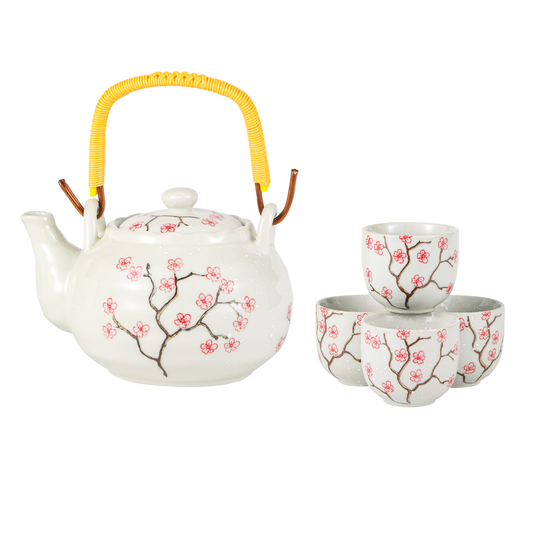 Ceramic teapot and four cups with cherry blossom design 