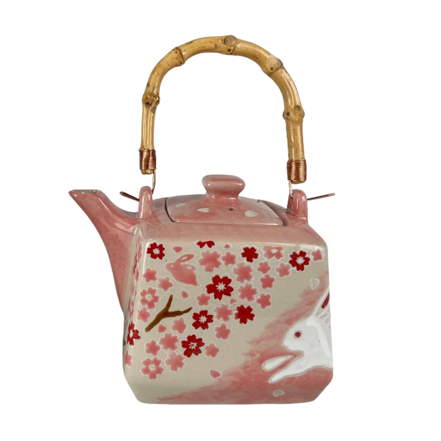 Sakura Cherry Blossoms Rabbit Tea Set | Porcelain Teapot with 4 Hexagon Cups & Strainer | 20 oz