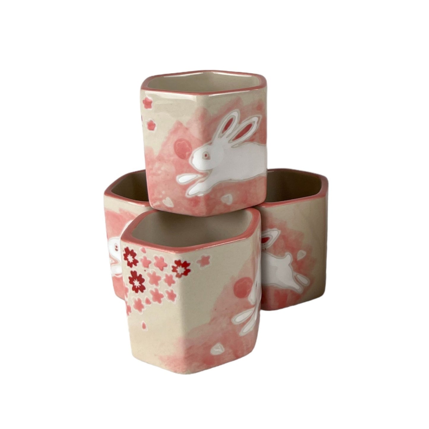 Sakura Cherry Blossoms Rabbit Tea Set | Porcelain Teapot with 4 Hexagon Cups & Strainer | 20 oz