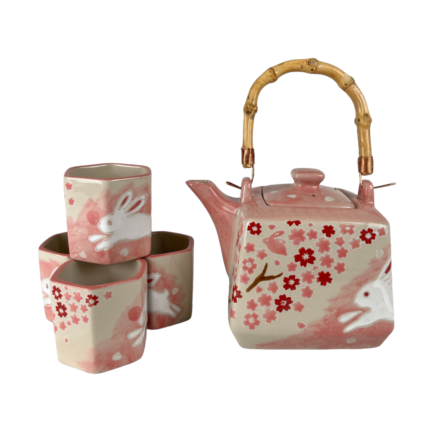 Sakura Cherry Blossoms Rabbit Tea Set | Porcelain Teapot with 4 Hexagon Cups & Strainer | 20 oz