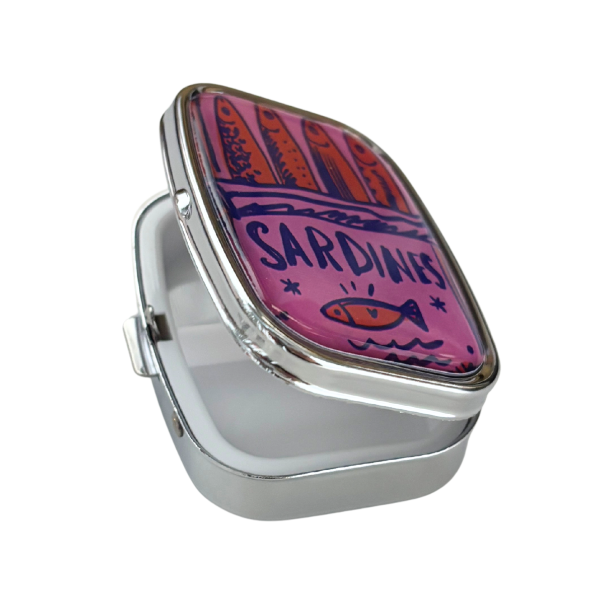 Sardine Can Mini Pill Box | 2-Compartment Mirror Case | Pink or Green | 1.6" x 2.25"