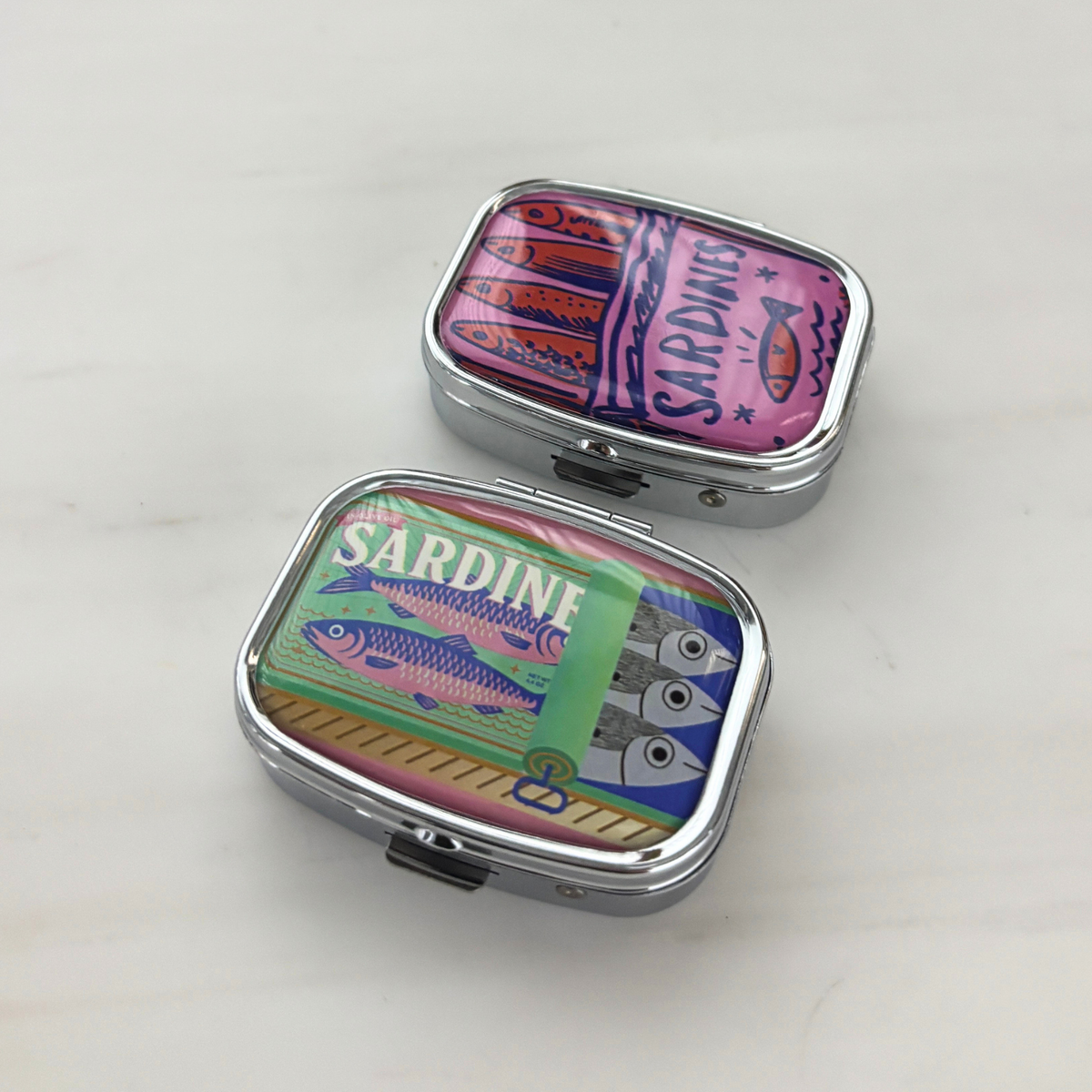 Sardine Can Mini Pill Box | 2-Compartment Mirror Case | Pink or Green | 1.6" x 2.25"