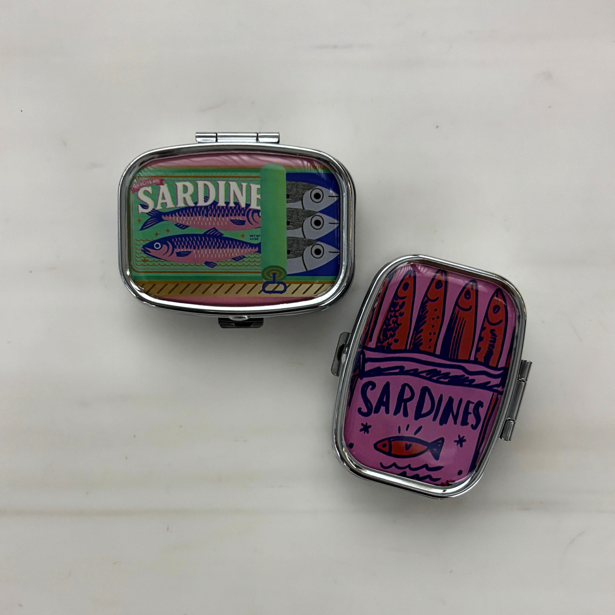 Sardine Can Mini Pill Box | 2-Compartment Mirror Case | Pink or Green | 1.6" x 2.25"