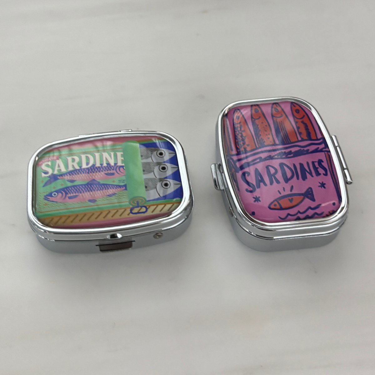 Sardine Can Mini Pill Box | 2-Compartment Mirror Case | Pink or Green | 1.6" x 2.25"
