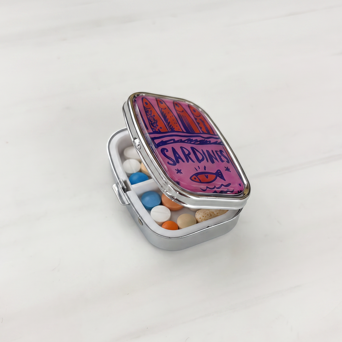 Sardine Can Mini Pill Box | 2-Compartment Mirror Case | Pink or Green | 1.6" x 2.25"