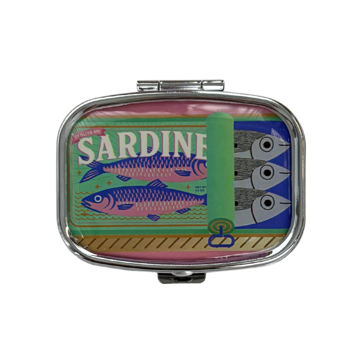 Sardine Can Mini Pill Box | 2-Compartment Mirror Case | Pink or Green | 1.6" x 2.25"