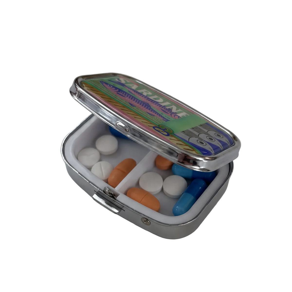 Sardine Can Mini Pill Box | 2-Compartment Mirror Case | Pink or Green | 1.6" x 2.25"