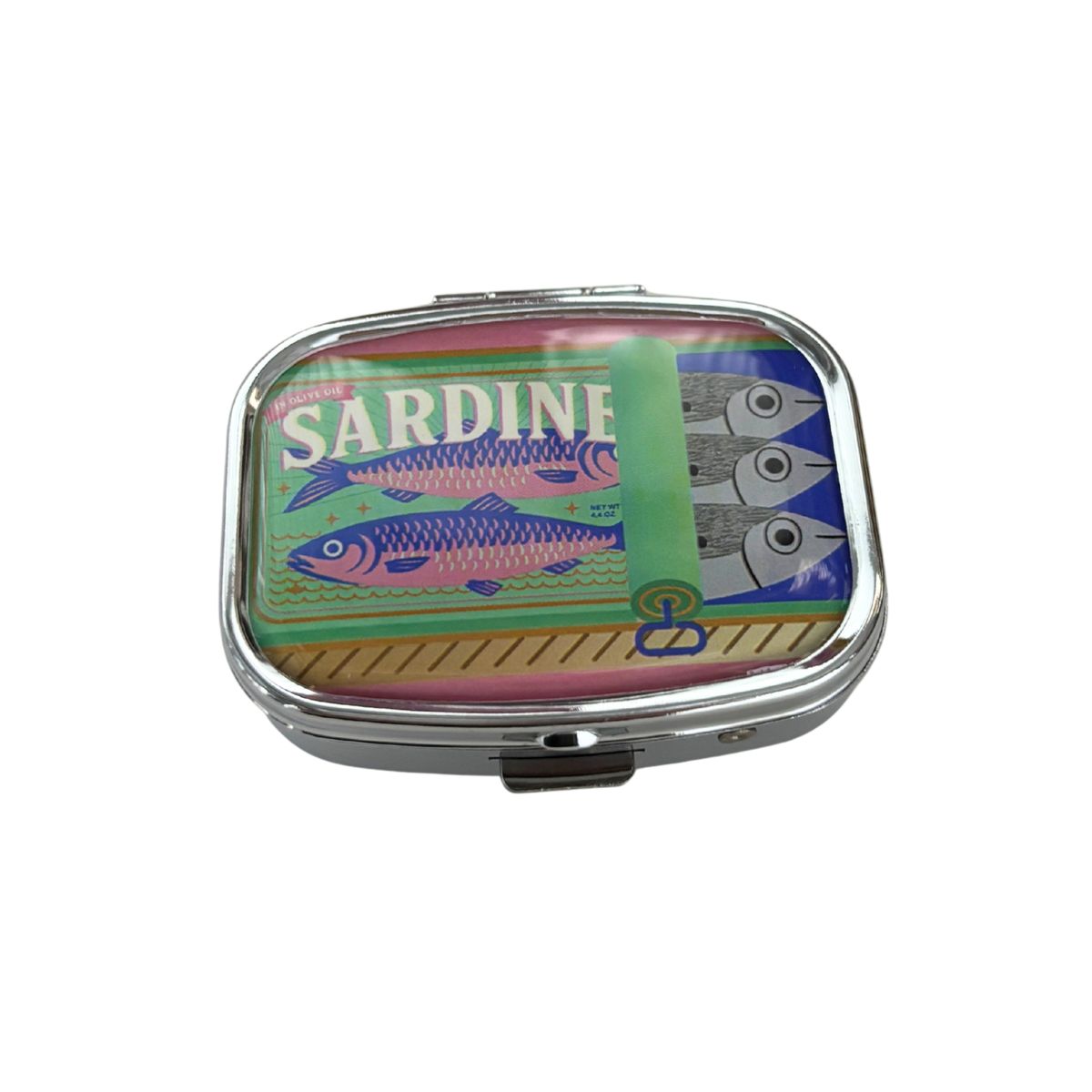 Sardine Can Mini Pill Box | 2-Compartment Mirror Case | Pink or Green | 1.6" x 2.25"