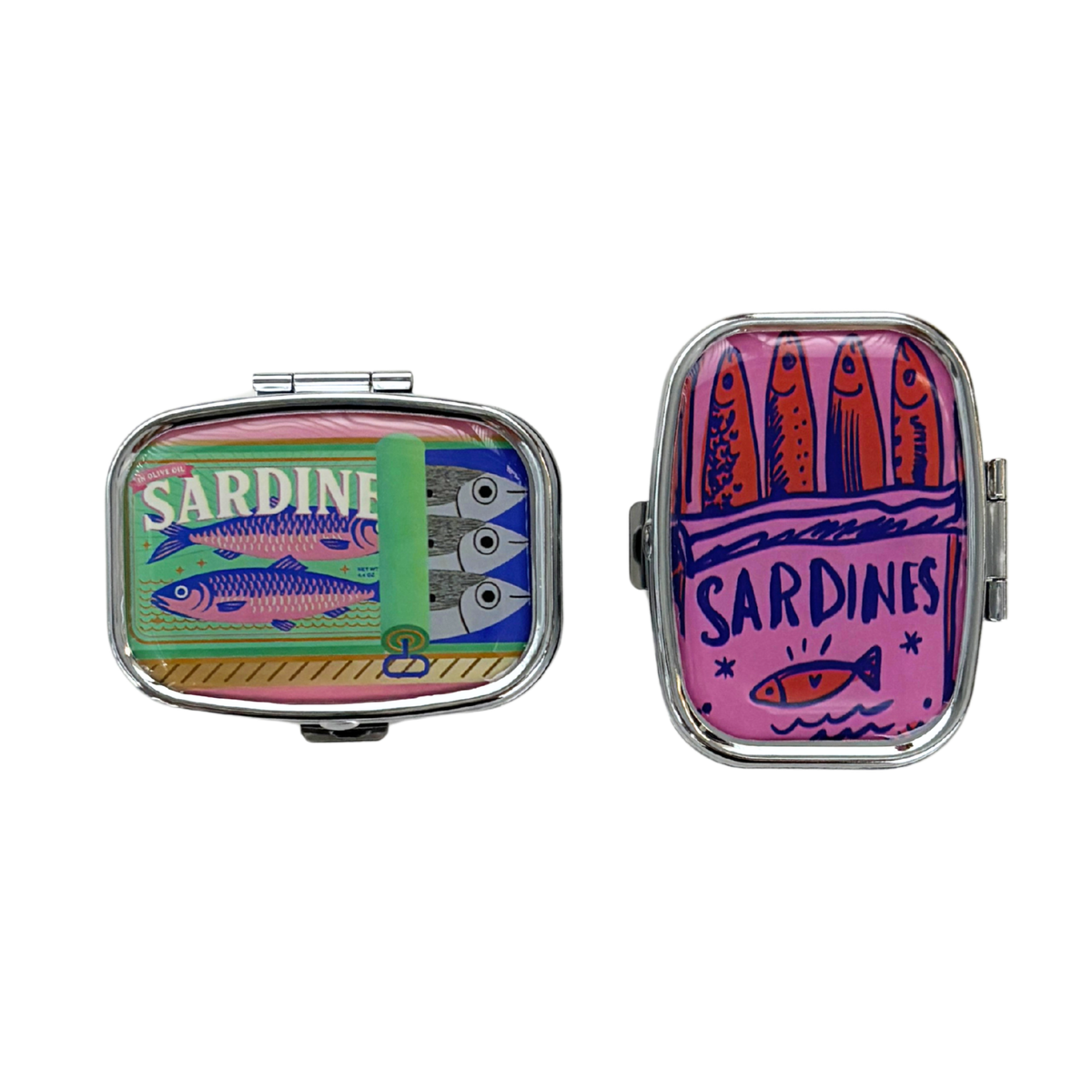 Sardine Can Mini Pill Box | 2-Compartment Mirror Case | Pink or Green | 1.6" x 2.25"