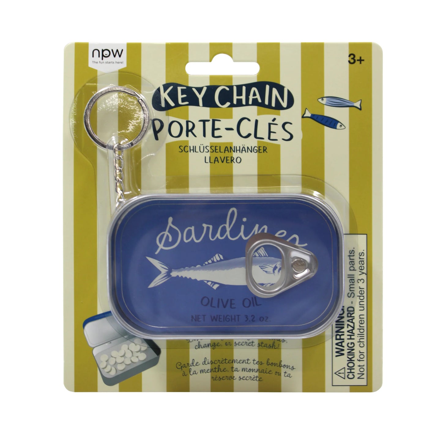 Keychain packaging with blue sardine can design on a yellow and white striped background