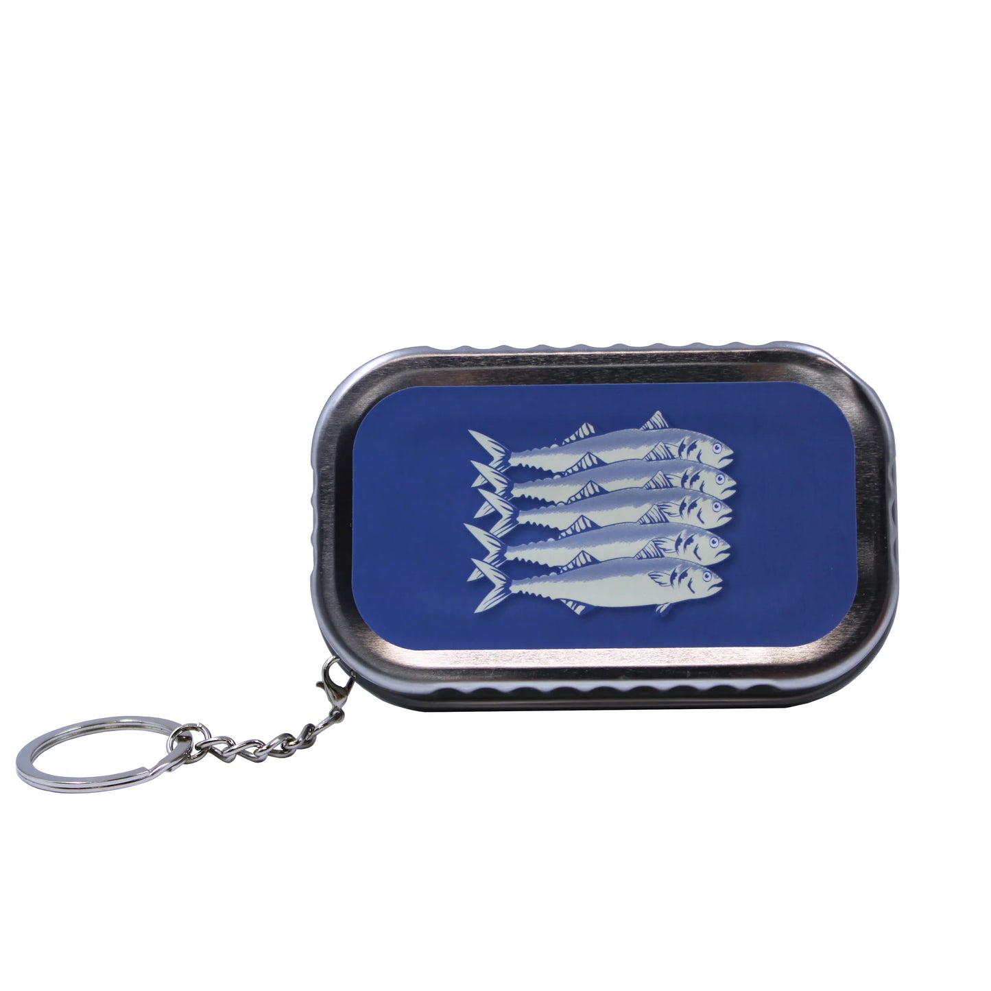 Keychain with blue background and white fish design 