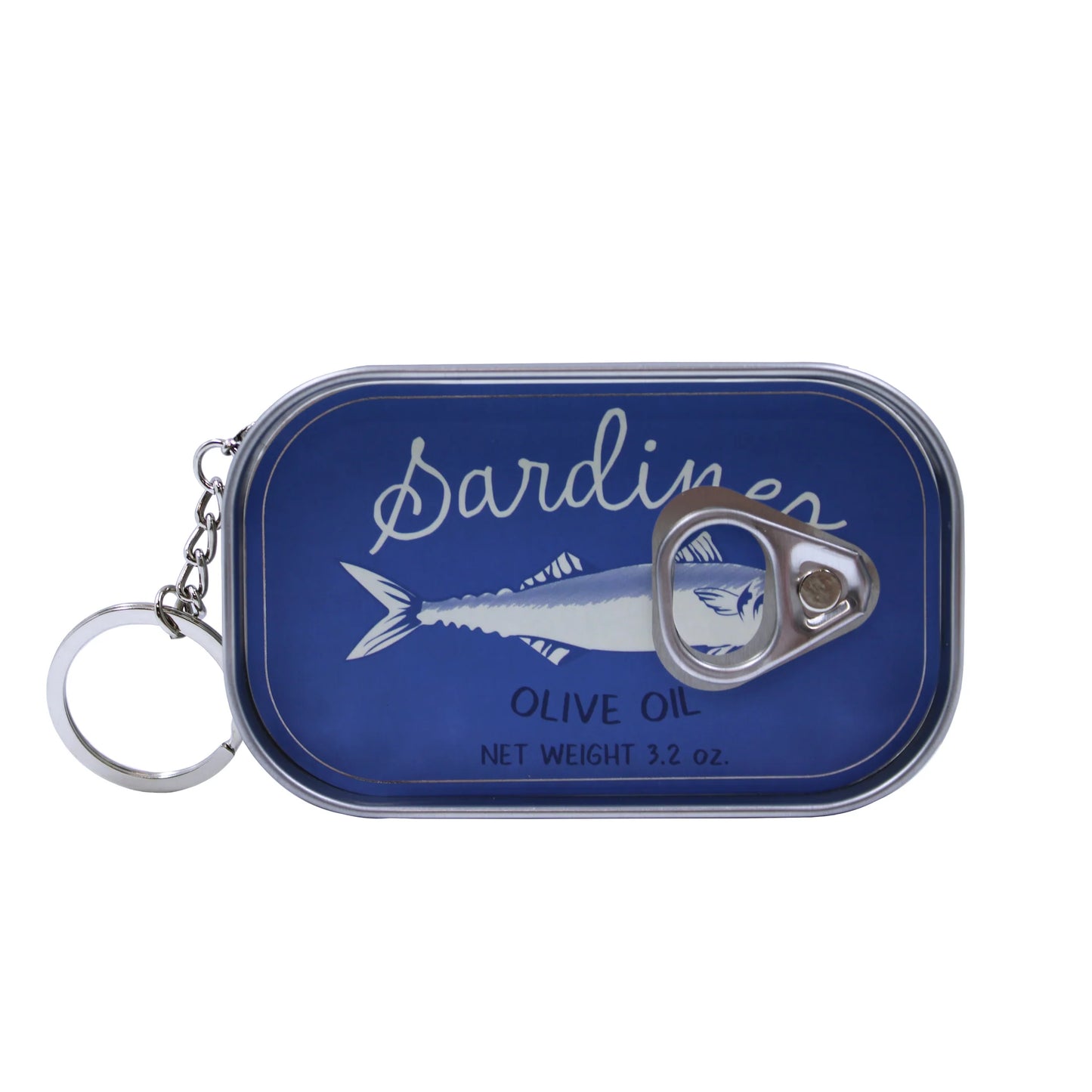 Sardine can-shaped keychain with 'Sardines Olive Oil' text on a white background