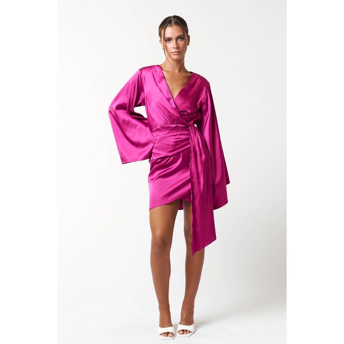 Satin Bell Long Sleeve Wrap Mini Dress in Magenta [Available in Sizes SM-L]