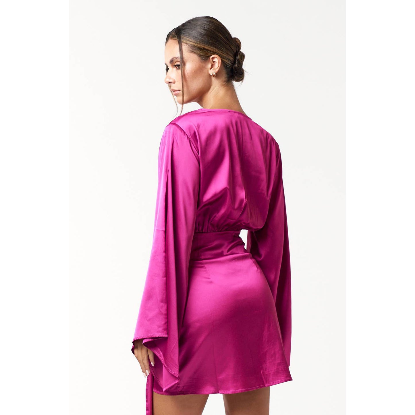 Satin Bell Long Sleeve Wrap Mini Dress in Magenta [Available in Sizes SM-L]