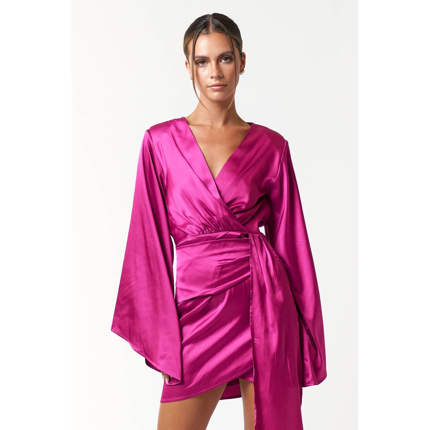 Satin Bell Long Sleeve Wrap Mini Dress in Magenta [Available in Sizes SM-L]