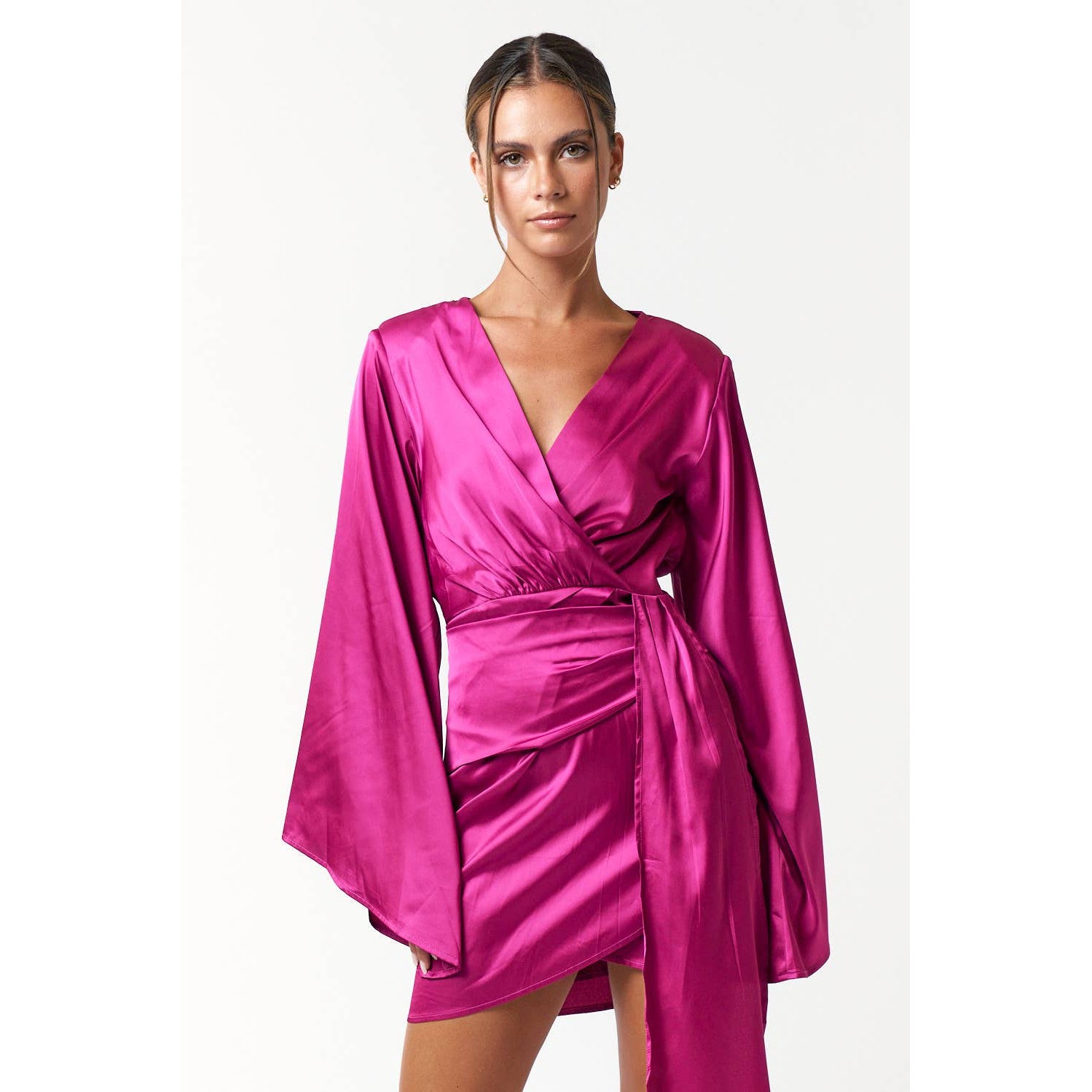 Satin Bell Long Sleeve Wrap Mini Dress in Magenta [Available in Sizes SM-L]