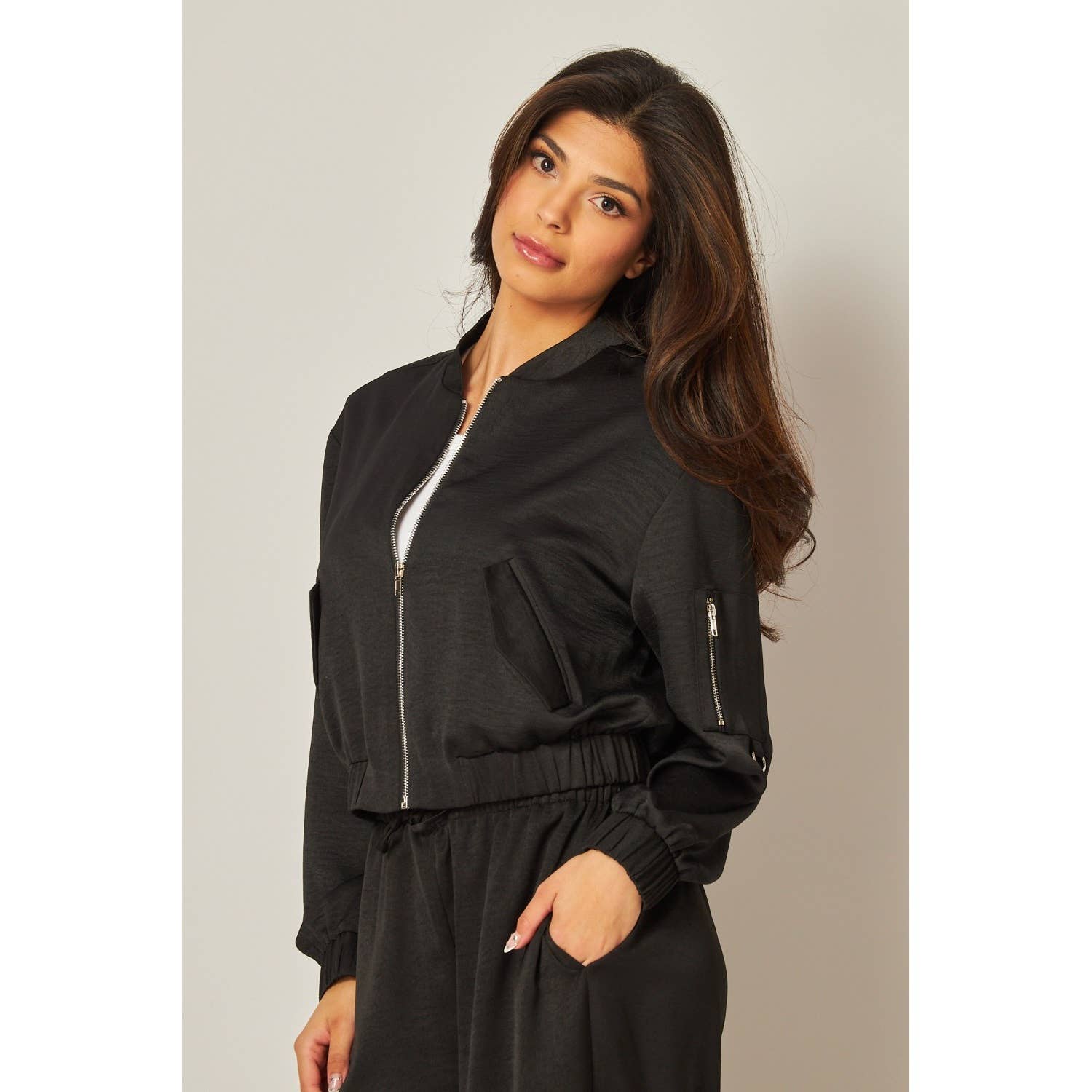 Satin Bomber Jacket in Black [Available in Small and Large Only]