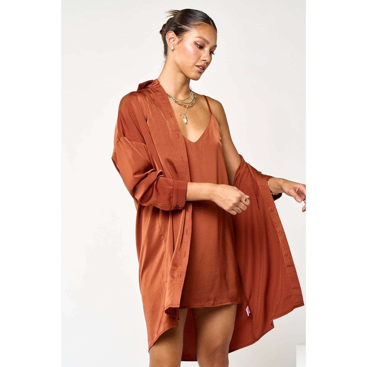 Satin Slip-On Dress and Shirt Set in Cognac [Sizes SM-L]